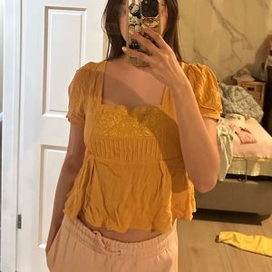 Mustard Puff Sleeve Peplum Crop Top w Embroidery Yoke